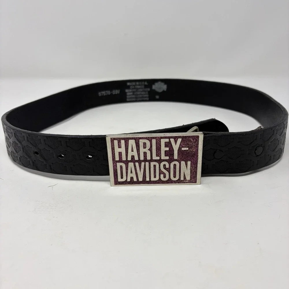 Harley-Davidson Women's Leather Belt 32 Purple Glitter Buckle USA 2006 Y2K